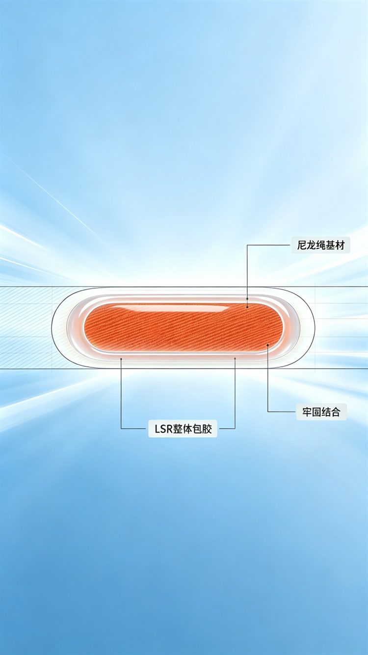 采用<span>尼龙绳 + LSR 整体包胶工艺</span>，实现基材与硅胶的牢固结合