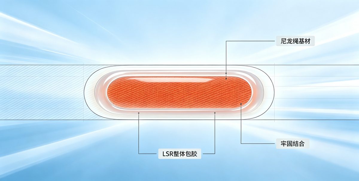 采用<span>尼龙绳 + LSR 整体包胶工艺</span>，实现基材与硅胶的牢固结合